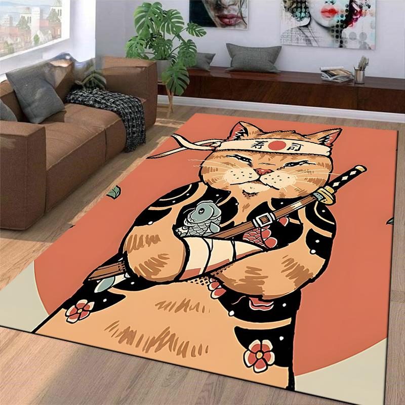 Samurai Cat Carpet with Sword and Fish, Japanese Style Decor, Orange Suitable for use as an anti-slip for living room bedroom sofas