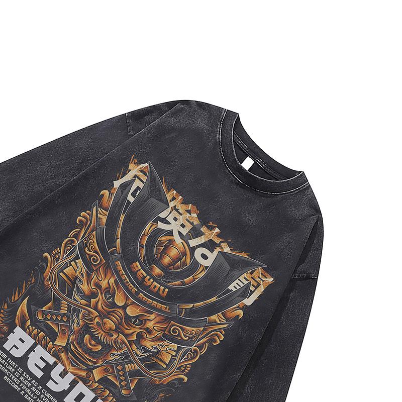 Heavy Cotton Retro Round Neck Bottoming Sweater Ukiyo-E Painting Printing Washed Old Long-Sleeved T-Shirt Men