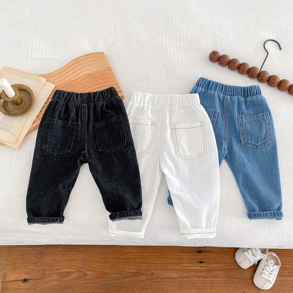 Spring Autumn Fashion Children Solid Jeans Girl Baby Retro Denim Casual Pants Boy Kid Pockets Cotton Trousers Toddler Dungarees