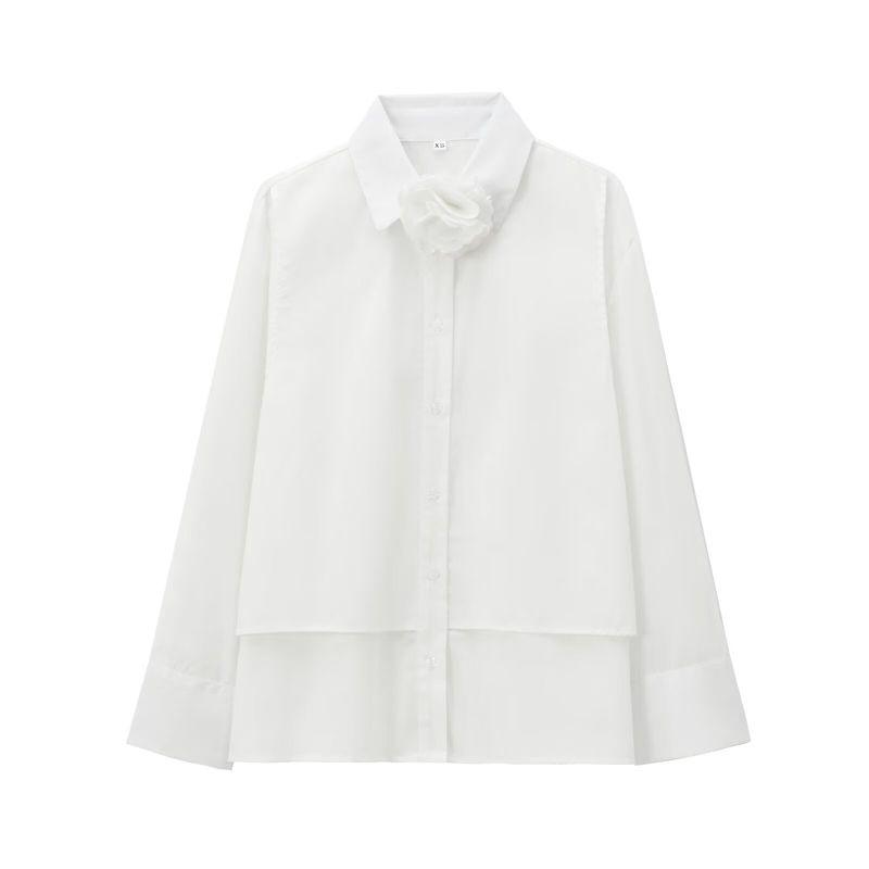 Kaslead New Arrival Women's Fashion Style Flower Decorative Poplin Long Sleeves Shirt 9336289