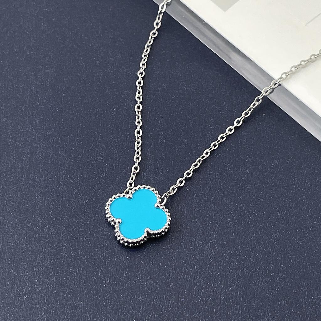 15mm Dubbelsidigt Titanstål Fyrklöver Halsband Dam Enkelt Titanstål Nyckelbenskedja Halsband Nät Röd Smycke