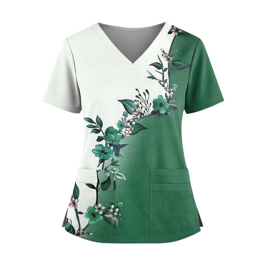 Women's Fashionable Printed V Neck Double Pocket Short Sleeved Shirt With Slit Hem Uniform And Worker Top