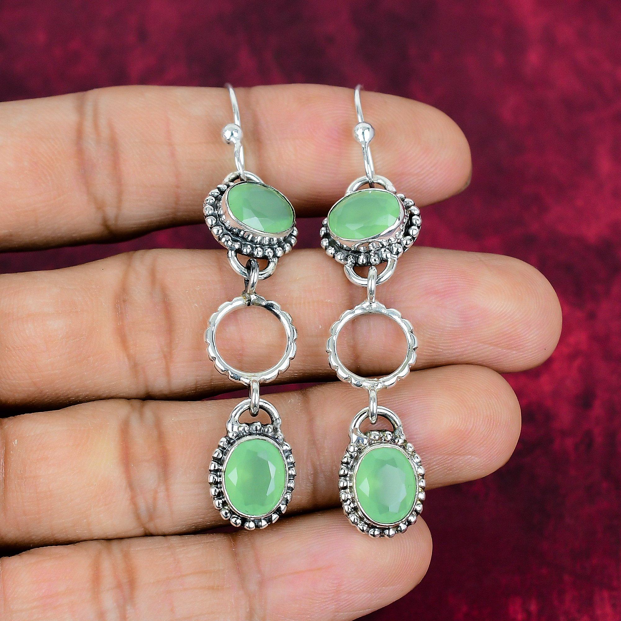 

Серьги из зеленого халцедона из стерлингового серебра 925 пробы, Ювелирные изделия с драгоценными камнями ручной работы, Подарки для жены, Абсолютно новые серьги 2.76 Inches зелёный