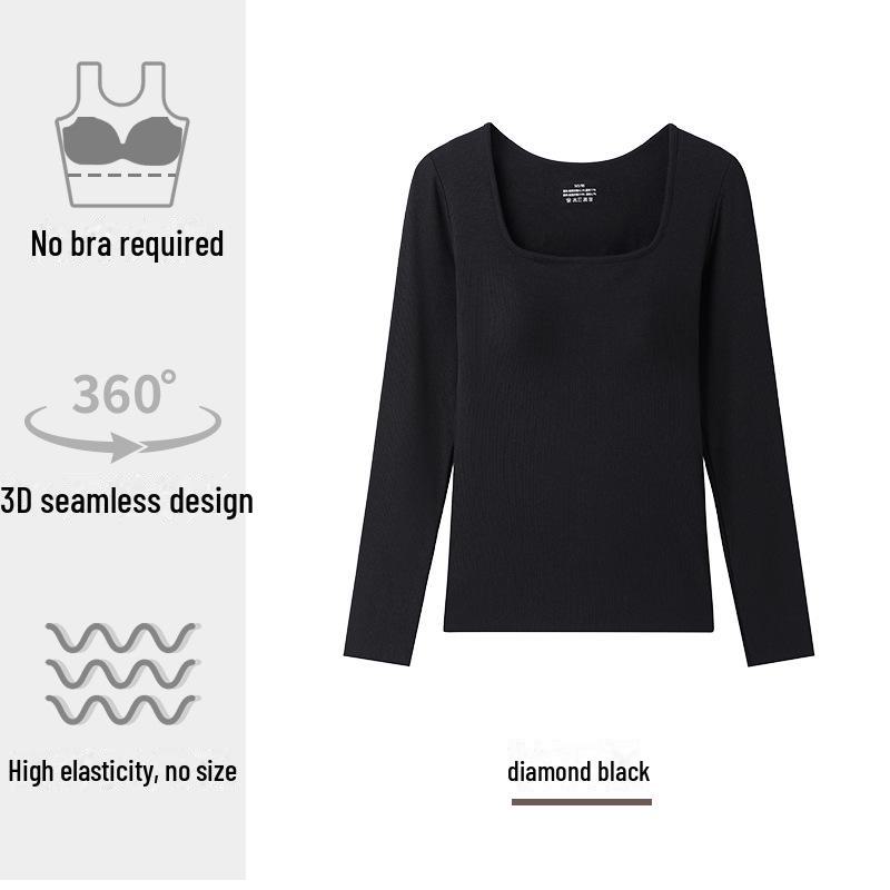 

Женский облегающий топ с длинными рукавами и квадратным воротником — теплая осенняя рубашка с низким воротником и прямыми плечами One Size чёрный