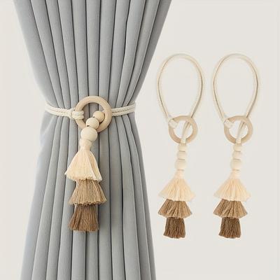 2pcs, Curtain Wood Ring Tassel Tie, Bohemian Style, High-End Light Luxury Gauze Curtain Tie, 2pcss Per Pack