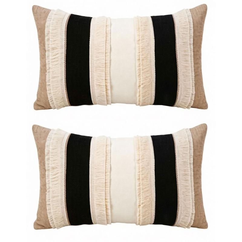 2Pcs Farmhouses Throw Pillow Cover Set, Patchwork Polyester Rectangular Shape With Fringe, 30 X 50 Cm Lumbar Cushion Covers for Home Decors