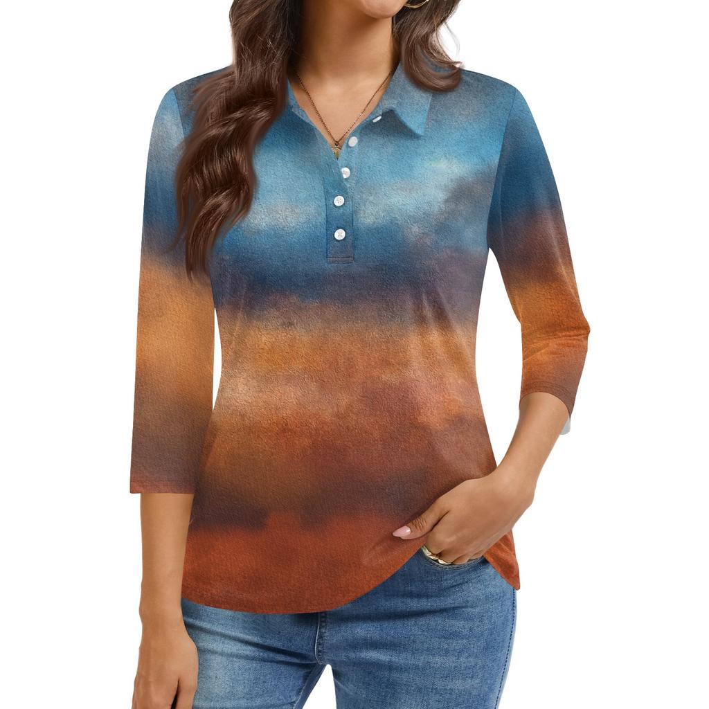 Damenmode Lässig Revers Kurz 3/4 Ärmel Print Hemd Damen Knopfleiste Oberteile