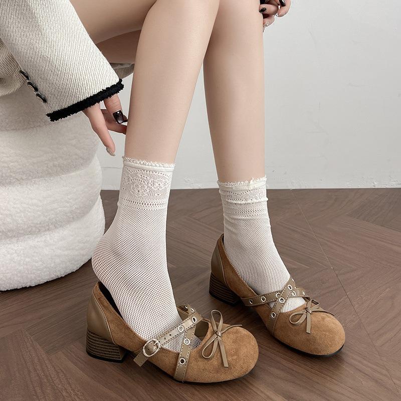 Retro Runde Zehenpartie Mary Jane Schuhe Damen Frühling Design Dicke Absatzschuhe 2026 Neu Damen Schmetterlingsknoten Schnalle Party Pumps