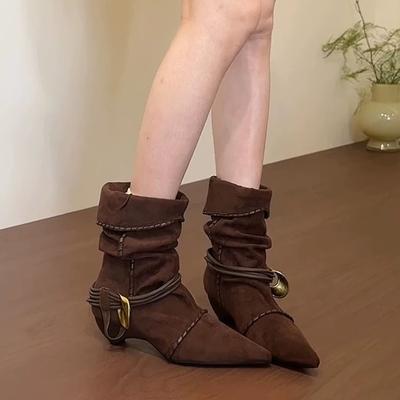 Sheepskin Version Retro Niche Design Pleated Stacking Boots Low Heel Thin Western Boots Fashionable Versatile Women's Thin Boots