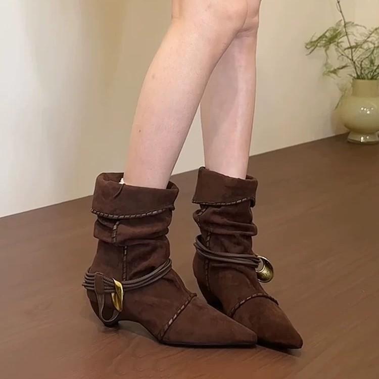Sheepskin version retro niche design pleated stacking boots low heel thin western boots fashionable versatile women's thin boots