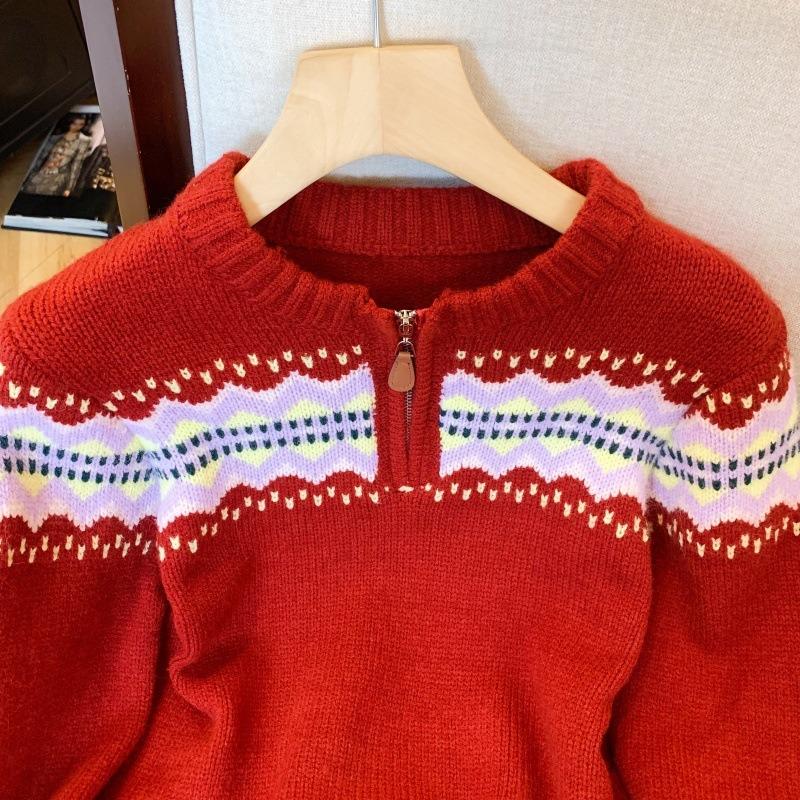 Winter new half zipper Christmas big red round neck loose pullover sweater women's thickened