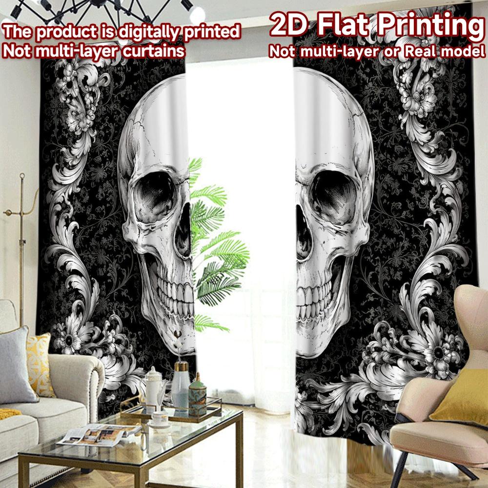 2D FLAT PRINTING 2pcs Curtains (Without Rod) Halloween Skull Floral Frame Modern Curtains Digital Printed 100% Polyester