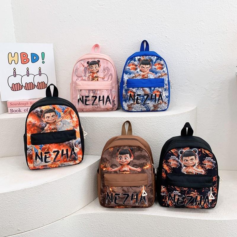 Letters Pattern Nezha Kids Cartoon Backpack With Storage Function Waterproof