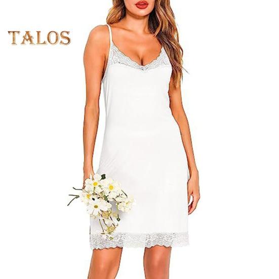 Damen Nachthemd mit Spitze, Spaghettiträger, V-Ausschnitt, Chemise, Nachtwäsche, Ganzunterkleid, Babydoll, Schlafkleid, Sommer, weiche Nachtwäsche