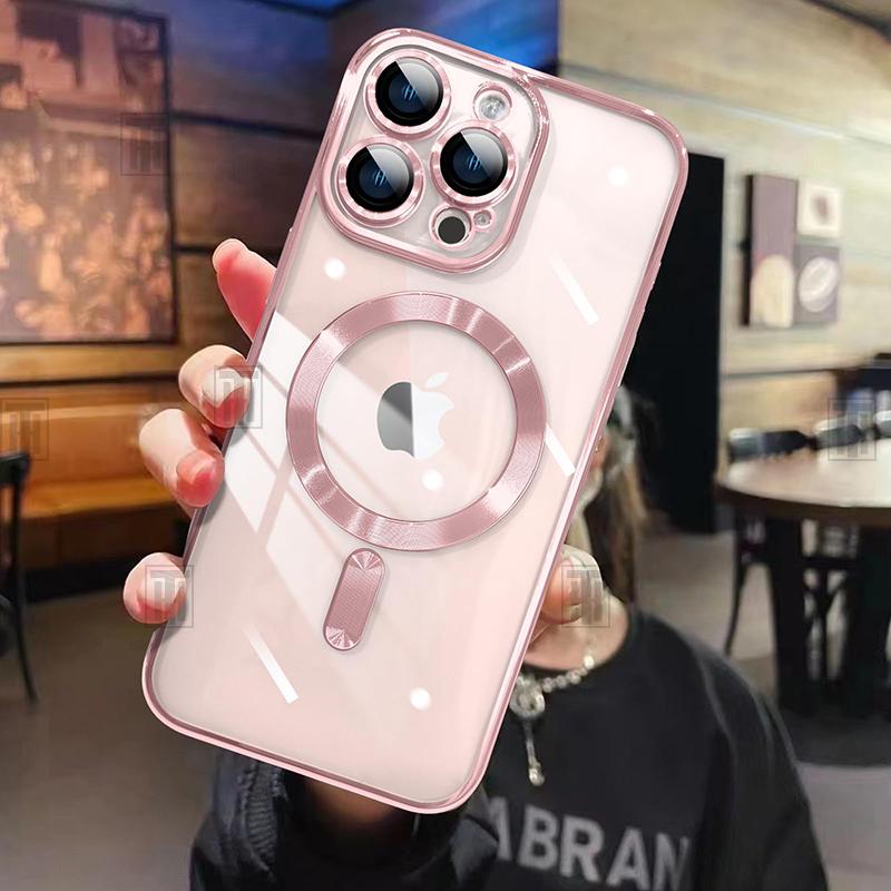 Plating Soft Lens Film Protect Transparent Case For iPhone 16E 16 15 14 13 12 11 Pro Max Plus Magsafe Magnetic Charging Cover