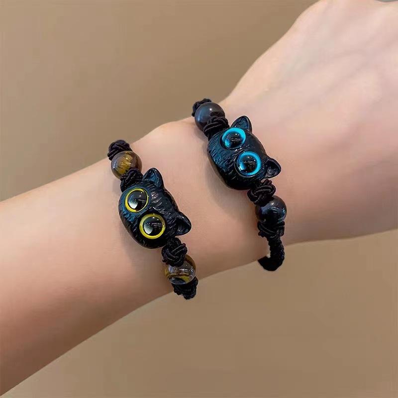 Cute Cat Couple Bracelet Imitation Wood Crystal Braided Children Bracelet Fashion Zircon Trendy Accessories