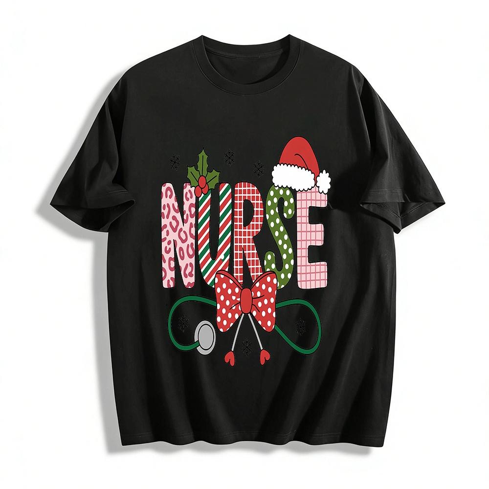 Christmas Themed Nurse Print Casual Top Pure cotton T-shirt XXS