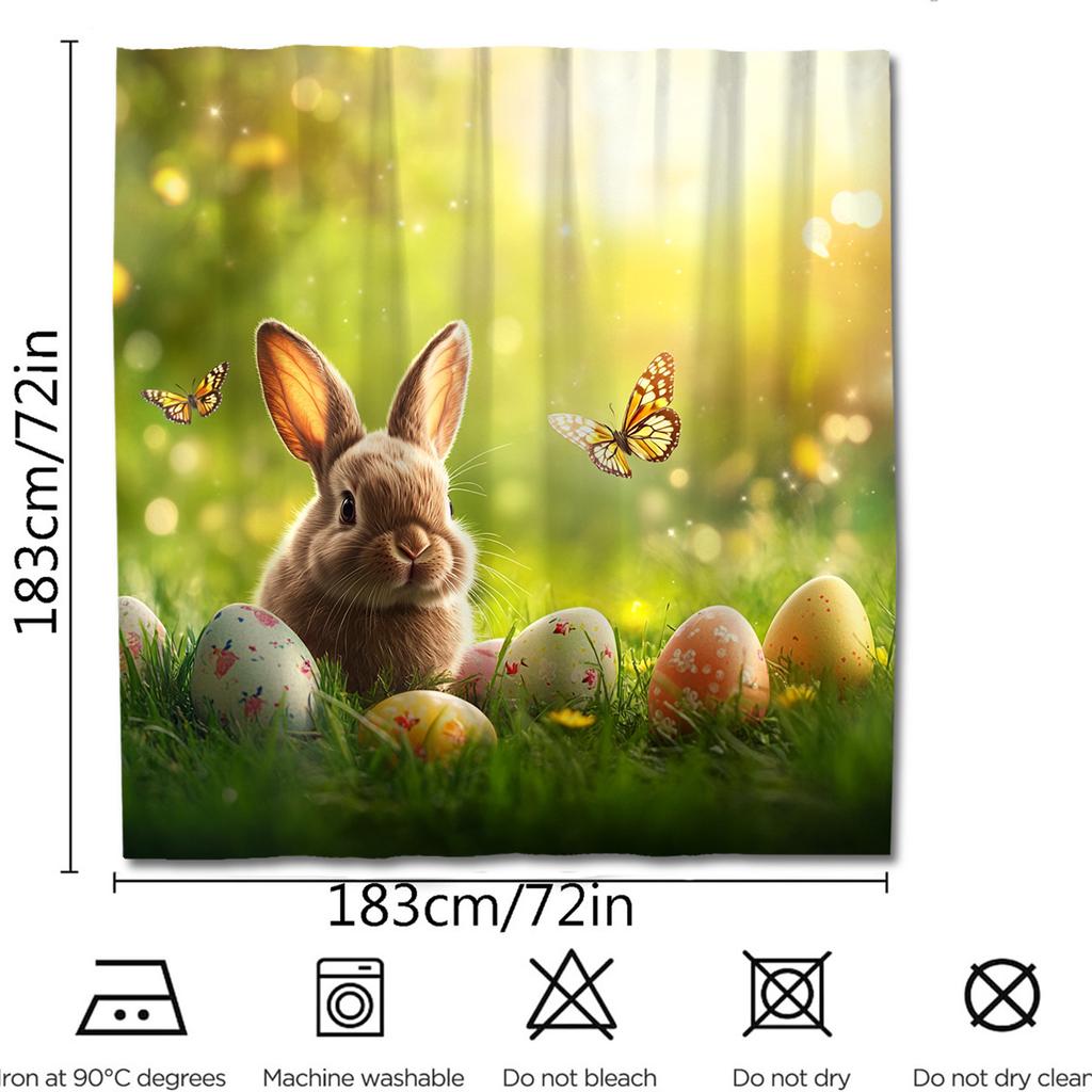 1 Piece Easter Bunny And Eggs Shower Curtain - Polyester, Nature-Inspired Bathroom Decor For All Seasons | Holiday Themed Decor