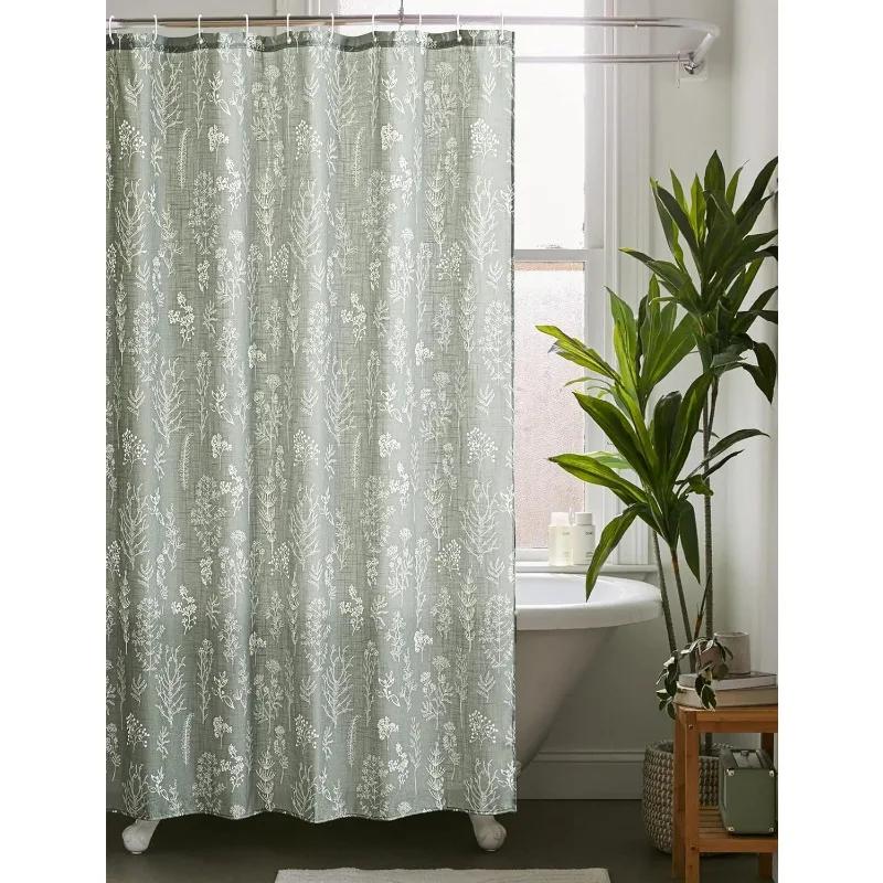 Green Botanical Linen Shower Curtain Extra Long 84 Inches Long, Spring Summer Boho Plants Leaves Textured Fabric Bathroom