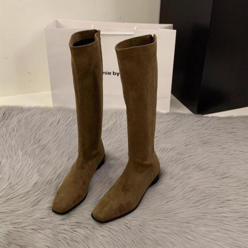 

Однотонные классические дизайнерские ретро женские сапоги до колена зимняя мода квадратный низкий каблук тонкие длинные боты 40 хаки