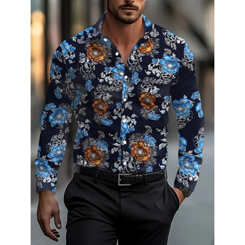Herren Lässig Leichter Business, Urlaubs-Lässig Blumenmuster, Urlaubs-Lässig Langarmhemd, Rot, Blau