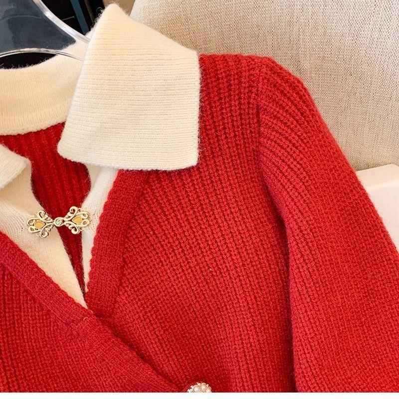 Autumn Design Splicing Two Cardigans Temperament Sweater Knitted Top Versatile Autumn and Winter Coat