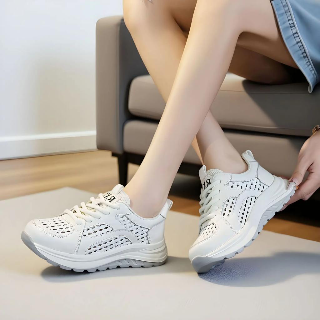 Fashion 4.5CM Summer Woven Mesh Shoes Women Thick Sole Lace-Up Lightweight Breathable Genuine Leather Casual Sneakers 2025 Women Shoes