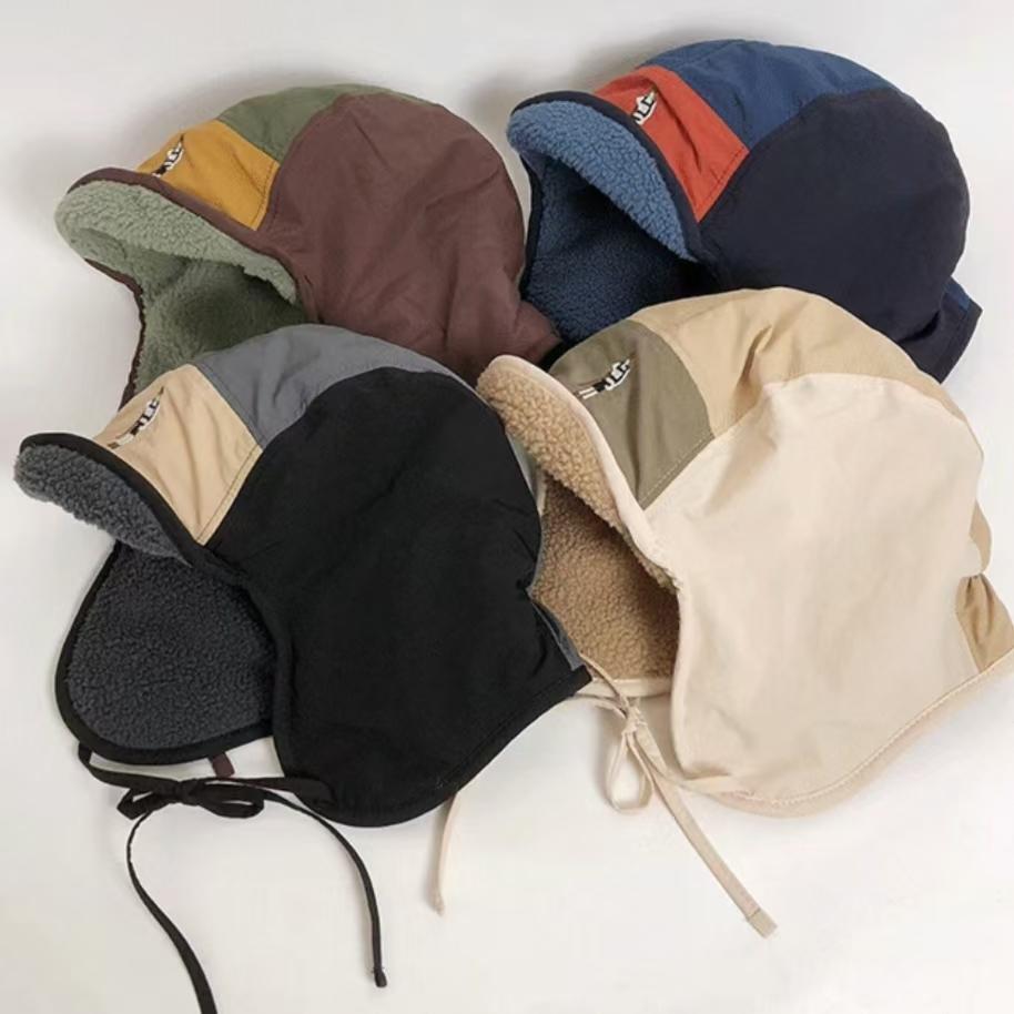 Japanese Style 5-Panel Bomber Hats Men Women Autumn Winter Fleece Ear Protection Baseball Cap Color Matching Warm Ski Pilot Hat