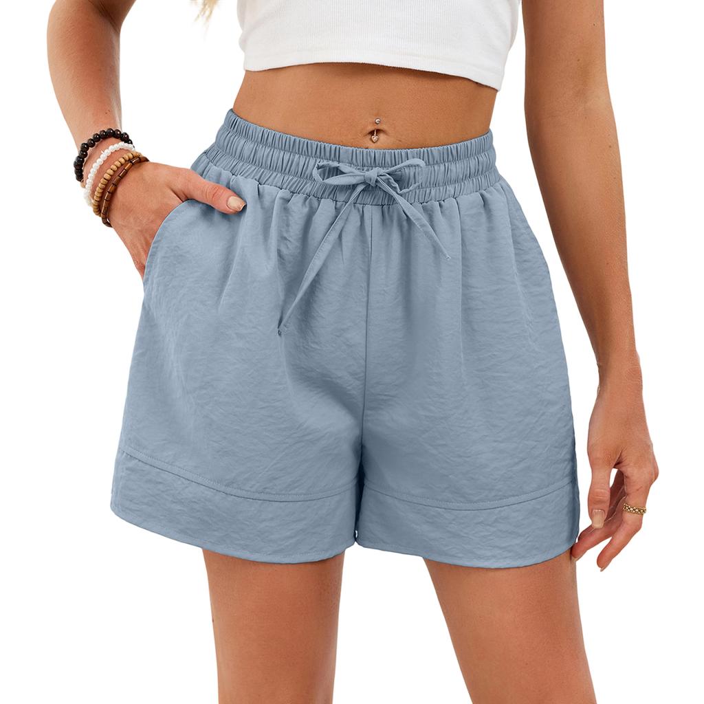 Women's Casual Fashion -Color Elastic Waistband Pocketed Wide-Leg Straight-Cut Shorts
