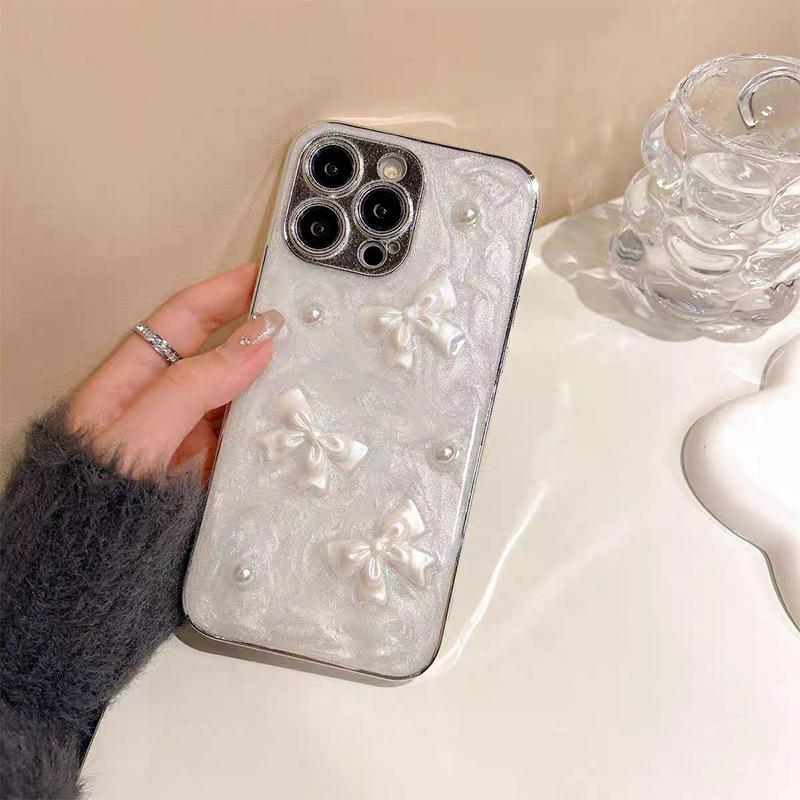 For IPhone 17 Promax Drop Glue Bow Pearl Phone Case for Apple 15 Plus Precision Hole 14 Anti Drop 16