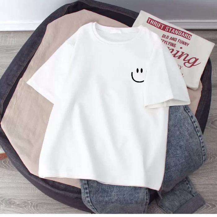 Kids' White Cotton Smiley Face T-Shirt - Short Sleeve, Loose Fit, Medium & Large Sizes