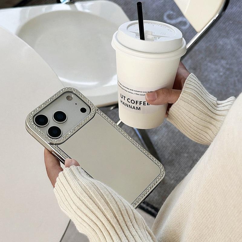 Luxury Electroplating Makeup Mirror Case For iPhone 17 16 15 14 18 Pro Max Samsung Galaxy S26 S25 S24 S23 Glitter Diamond Border Protection Back
