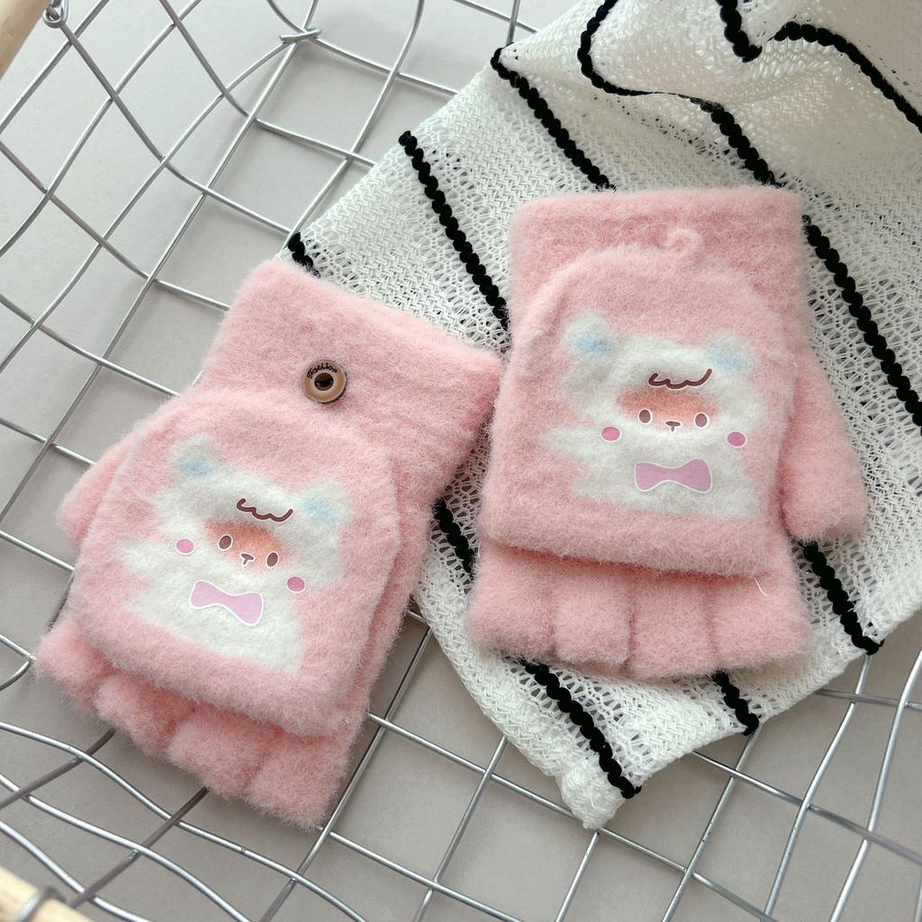 Children's Flip Top Gloves  New Autumn and Winter Cold Proof  Warm and Thickened Five Finger Flip Top Gloves Cartoon Cute