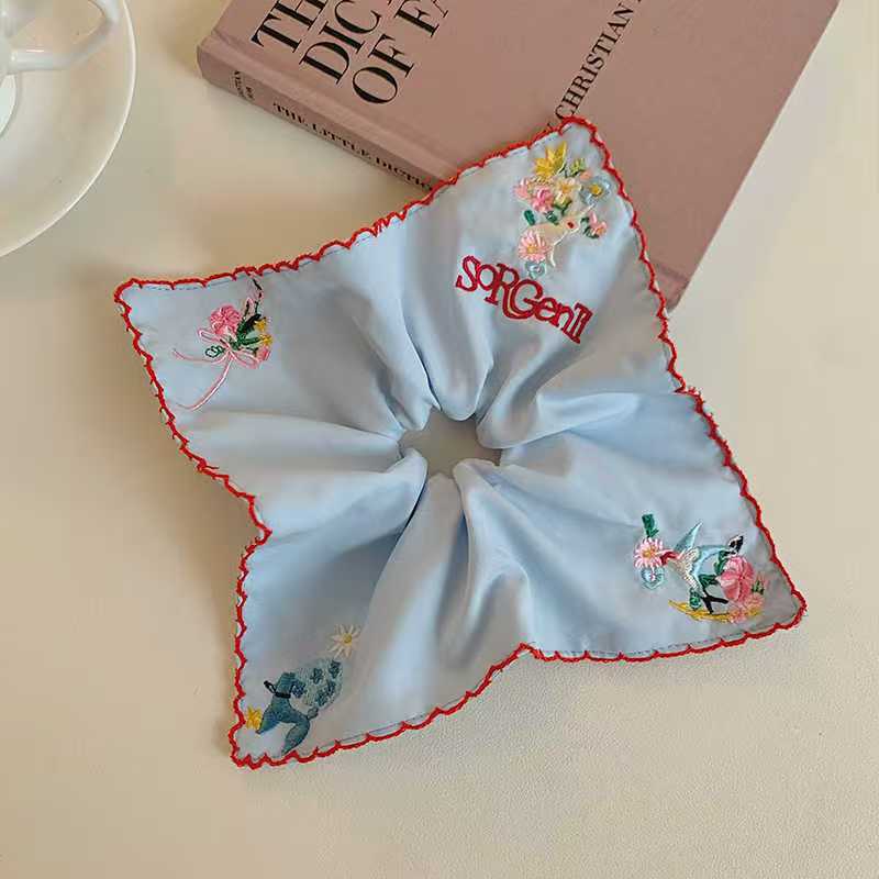 Embroidered Cherry Head Rope White Hollow Fabric Square Scarf Hair Band Large Intestine Headband Sweet Headband Hair Accessory
