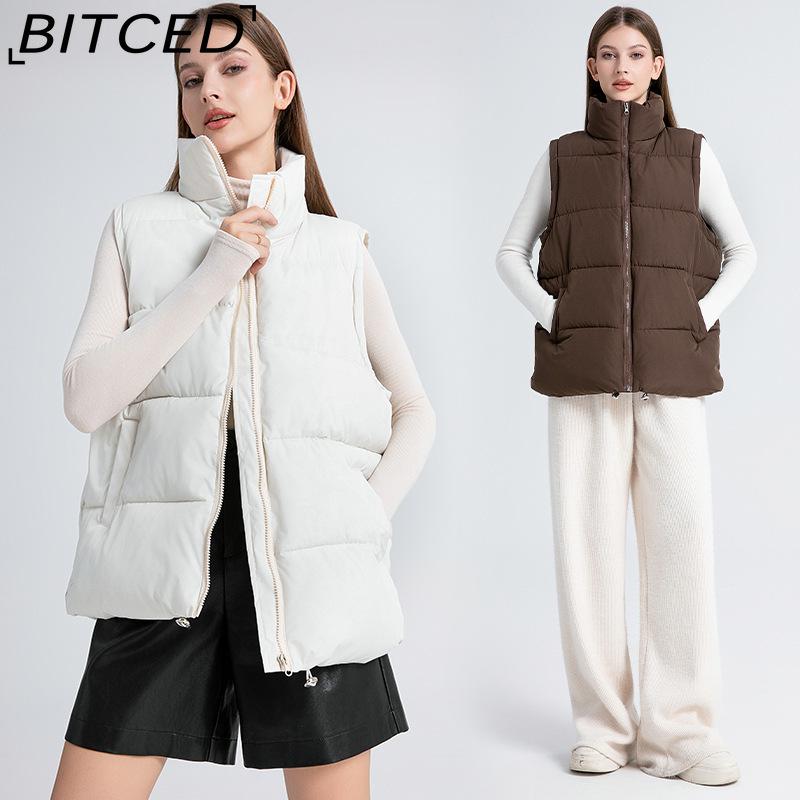 BITCED Women's Autumn/Winter Sleeveless Cotton Coat Mid-Length Stand Collar Thermal Down-Filled Cotton Vest Thickened Waistcoat Outerwear