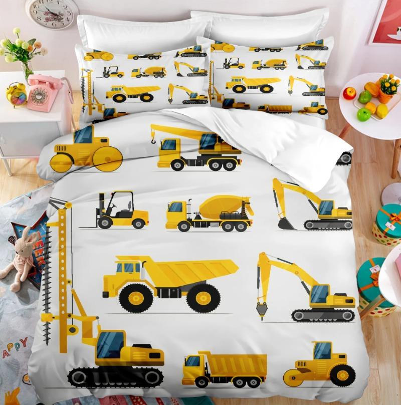 3D Print Excavator, Engineering Vehicle Bedding Set Kids Teenagers Winter Duvet Cover Set Bedroom Bed Linens Boys High-Quality