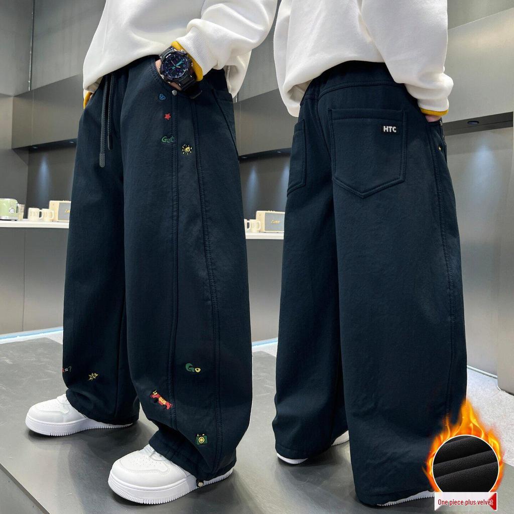 Boys' Fleece-Lined Warm Casual Pants - Thick, Versatile, Loose Fit for Autumn & Winter