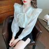 Fashion New 2024 Autumn Long Sleeve Bow Collar Casual Apricot Ruffles Chiffon Blouse Shirt Women Tops Blouses Shirts J514
