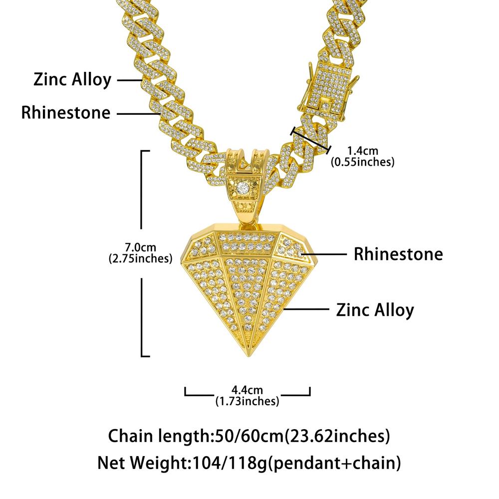 Hip Hop Tapered Pendant Necklace with 14mm Cuban Chain Diamond Shape Pendants Necklaces Fashion Charm Jewelry,For Men And Women
