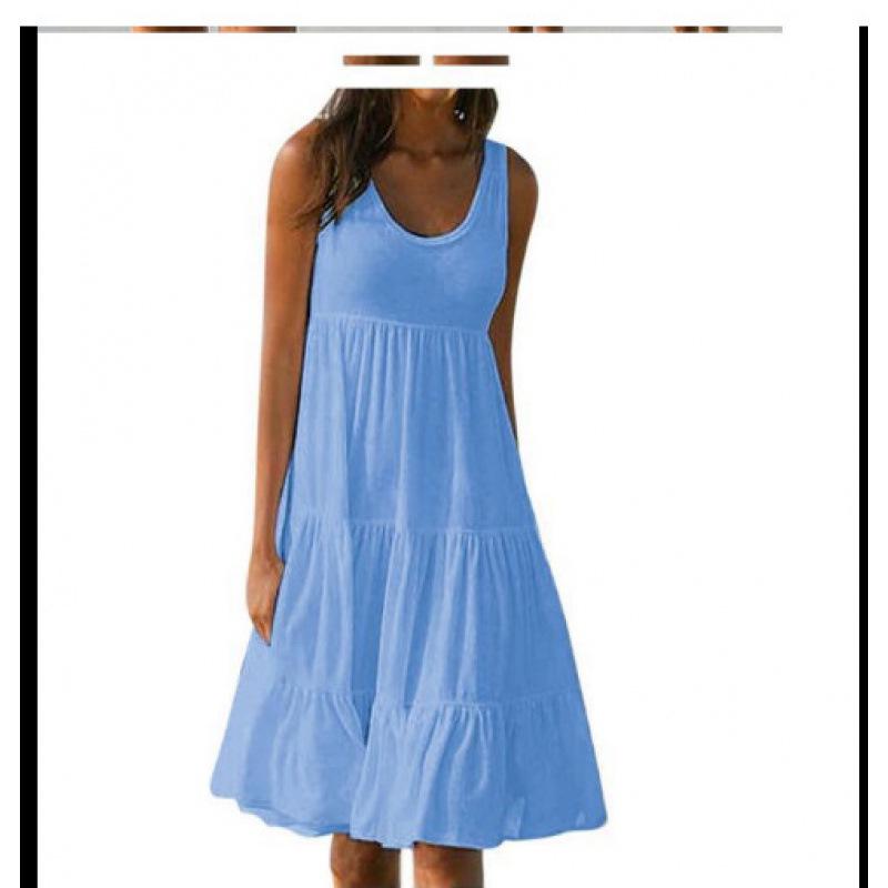 Women's Beach Dress: Sleeveless, Round Neck, Patchwork, Wide Hem, 7 Colors, 8 Sizes