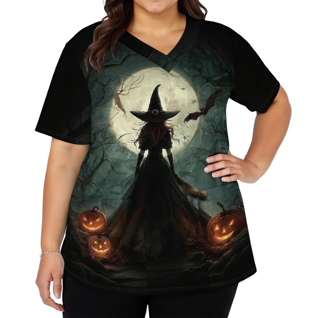 Women V Neck Short Sleeve Work Shirt Side Slit Top with Pockets Halloween Print Casual Blouse for Daily Wear