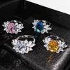 Open Ring with Simulated Asscher Cut Yellow Diamond and Swiss Topaz Blue Pink Gemstone for Women