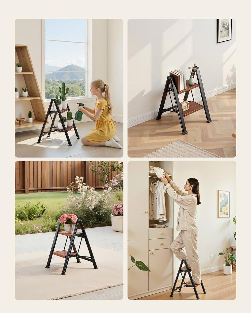 2 Step Ladder, Folding Step Stool with Wide Anti-Slip Pedal and Comfort Handgrip, Lightweight 150 kg Capacity Portable Aluminum Plant Support,