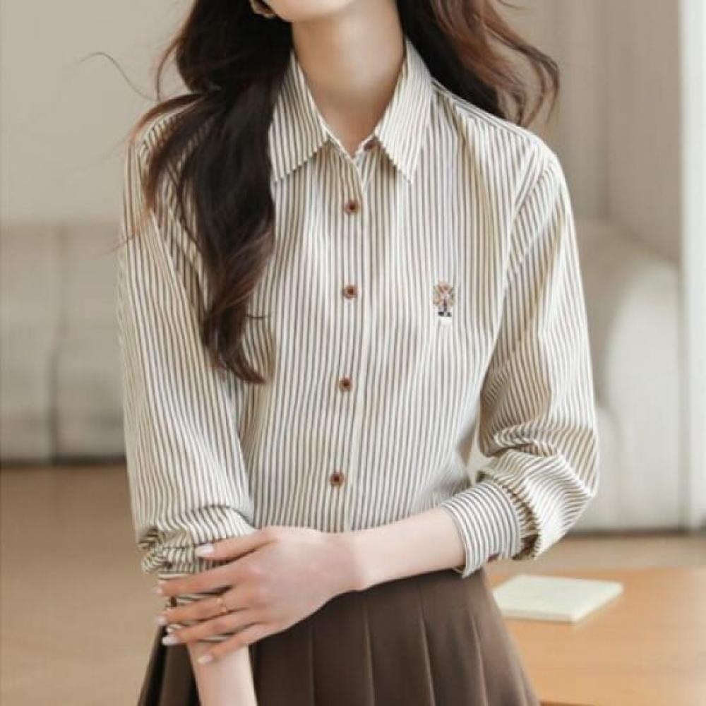 Navava Men Retro Embroidery Point Stripe Long Sleeve Shirt Nb2555