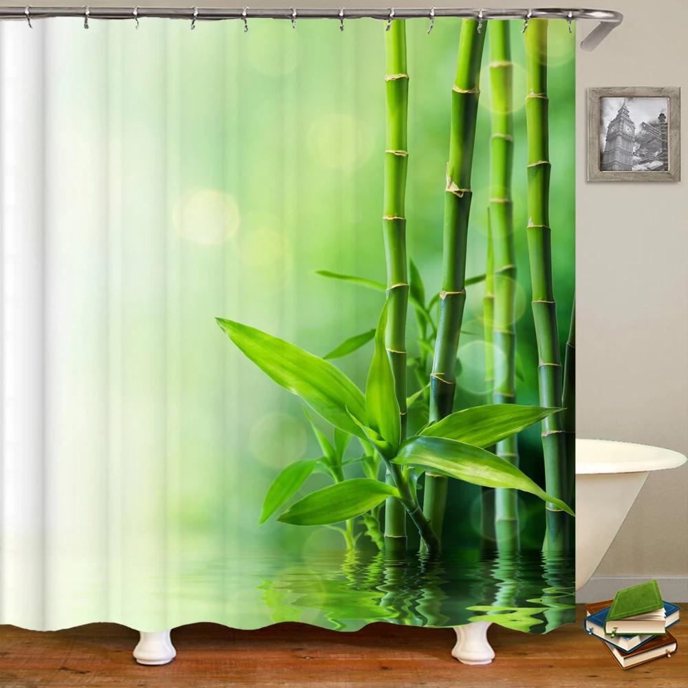 3D Flower Bamboo Pebble Water Green Plant Shower Curtain Waterproof Polyester Curtain Home Decoration Shower Curtain Zen Curtain