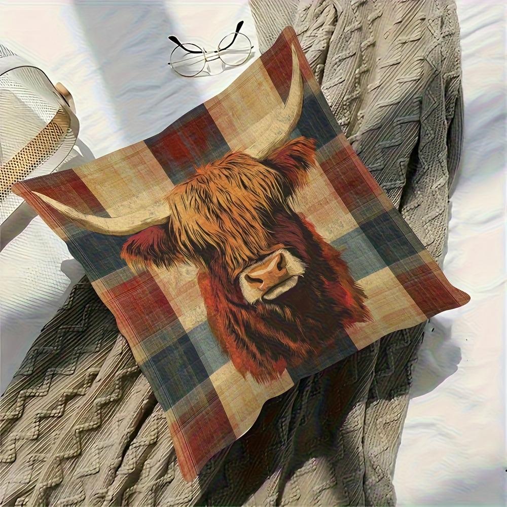 Single-sided Printed Pillowcase Featuring a Plaid Background and Vibrant Highland Cow Design