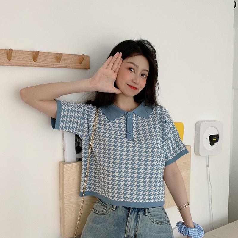 Women's 2022 Summer Korean Polo Collar Knit Short Sleeve Loose T-Shirt