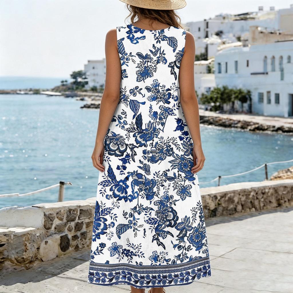 Women's Sleeveless U Neck Midi Dress with Pockets and Side Slits Cotton Linen Floral Print Casual Loose Fit Vest Dress