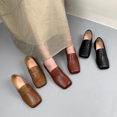 Mode Japonais Coréen style rétro chaussures pour femmes tout cuir bout carré cuir de vache chaussures plates noir marron Mary Jane chaussures faites main mocassins