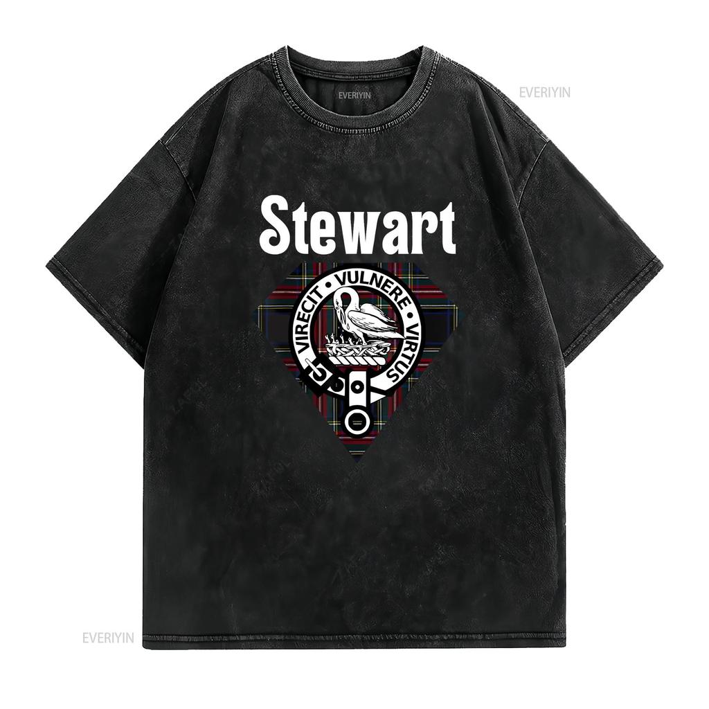 Stewart Clan Scottish Name Coat Of Arms Black Tartan T Shirt Vintage Washed Slightly Breathable Casual Graphic Stylish Vintage